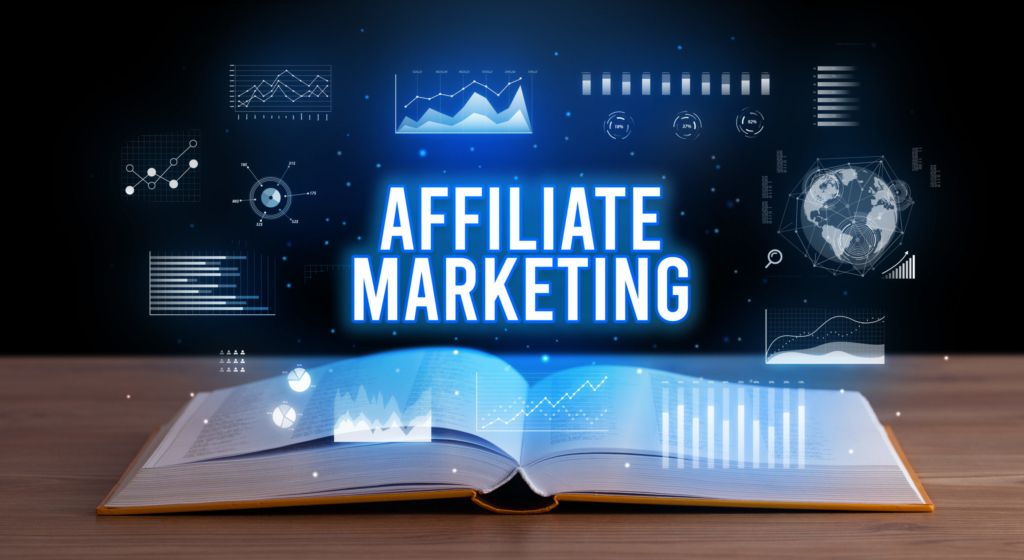 How to make money from affiliate ads - Affiliate Software Online AFFILIATE MARKETING inscription coming out from an open book, creative business concept