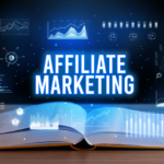 AFFILIATE MARKETING inscription coming out from an open book, creative business concept