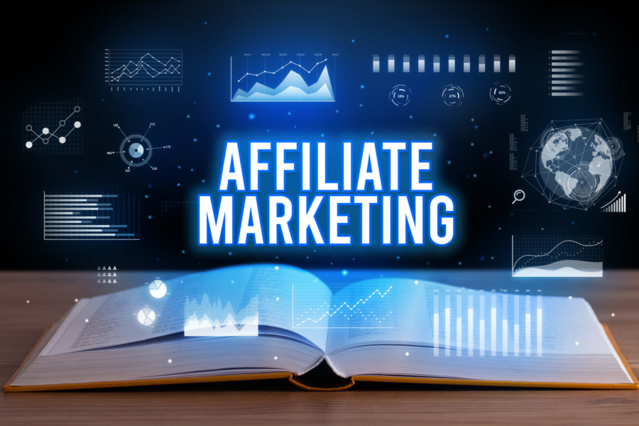 How to make money from affiliate ads - Affiliate Software Online AFFILIATE MARKETING inscription coming out from an open book, creative business concept