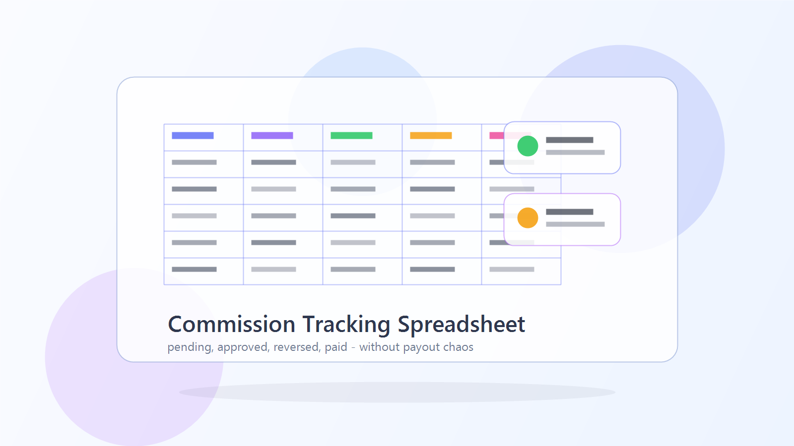 Glassmorphism illustration of an affiliate commission tracking spreadsheet with payout status cards