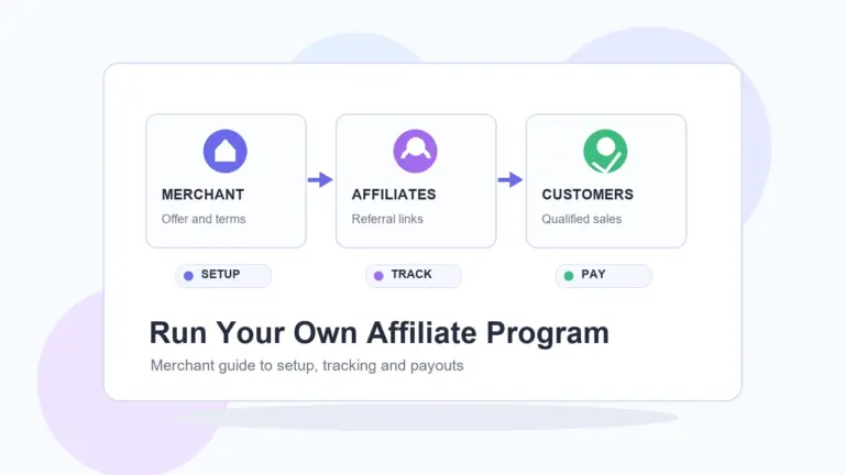 Merchant affiliate program workflow from offer to affiliate links to qualified sales